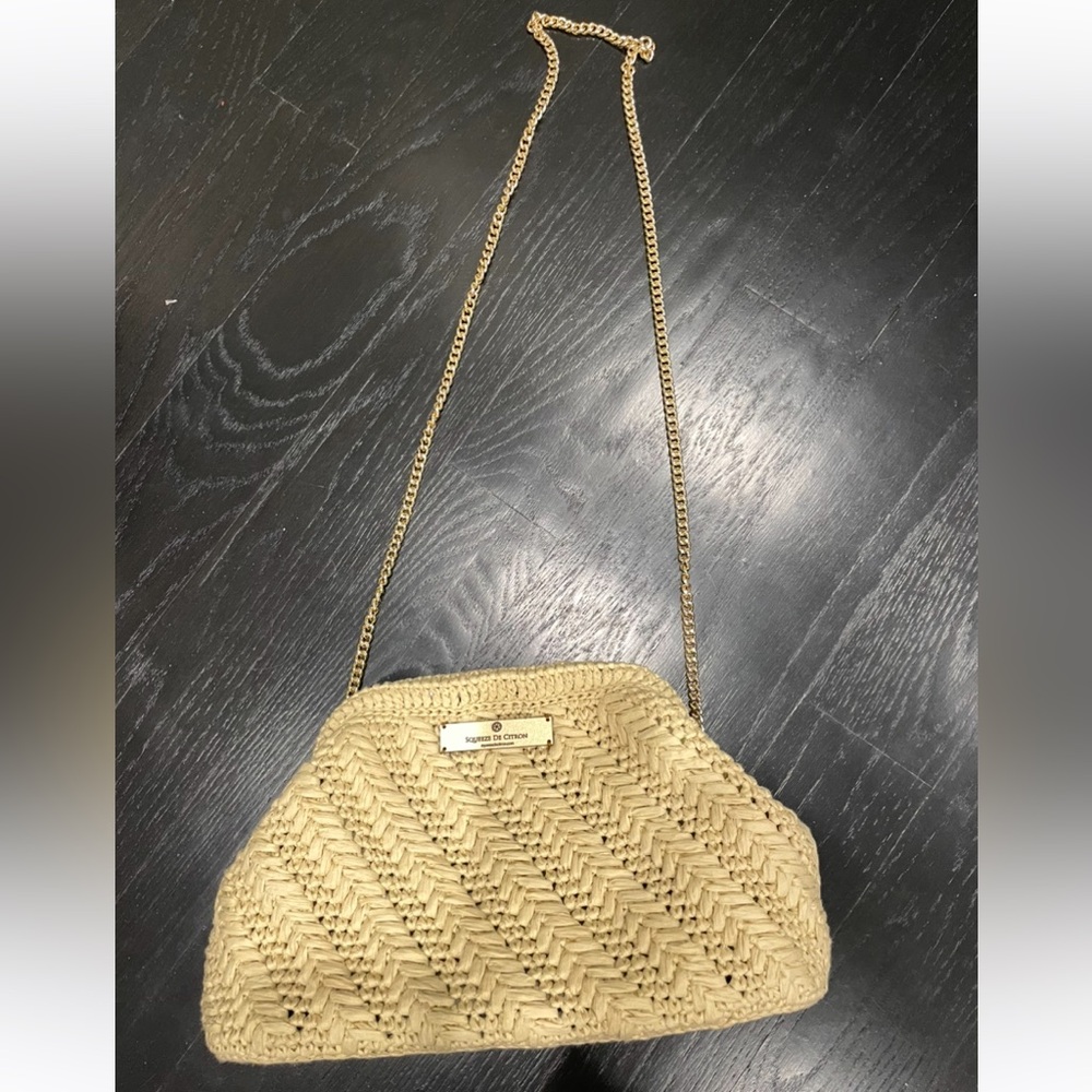Raffia Clutch with Gold Chain Strap